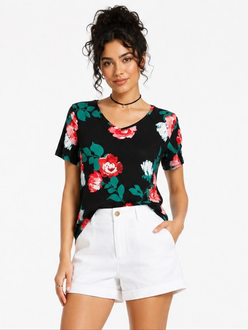 Apt. 9 Black Red Rose Floral V Neck Short Sleeve Top
